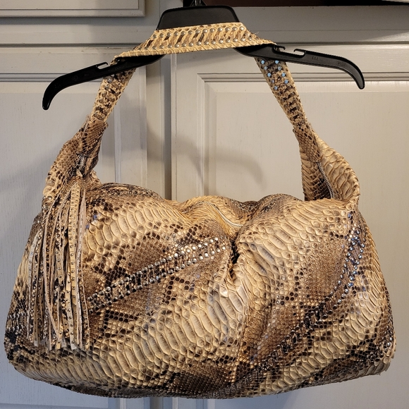 Vintage Carlos Falchi Large Python Snakeskin Studded Hobo Bag - Picture 1 of 10